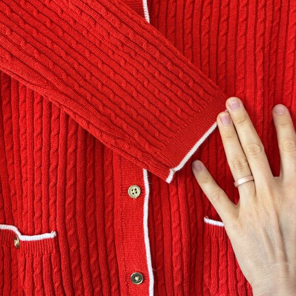 Vintage Lands' End red old-money cotton linen blend cableknit cardigan / sz M - Picture 4 of 6